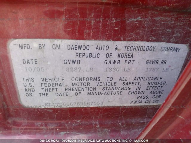 KL1TD66676B567553 - 2006 CHEVROLET AVEO LS RED photo 9