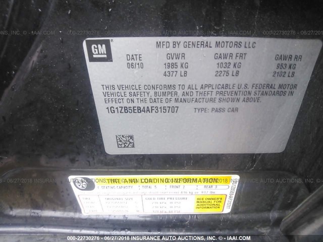 1G1ZB5EB4AF315707 - 2010 CHEVROLET MALIBU LS Qara foto 9