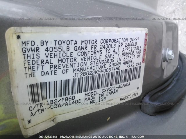 JT2BG22K5V0067496 - 1997 TOYOTA CAMRY LE/XLE BEIGE photo 9