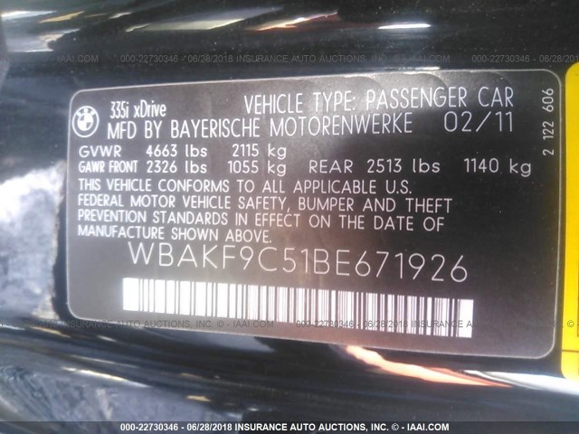 WBAKF9C51BE671926 - 2011 BMW 335 XI BLACK photo 9