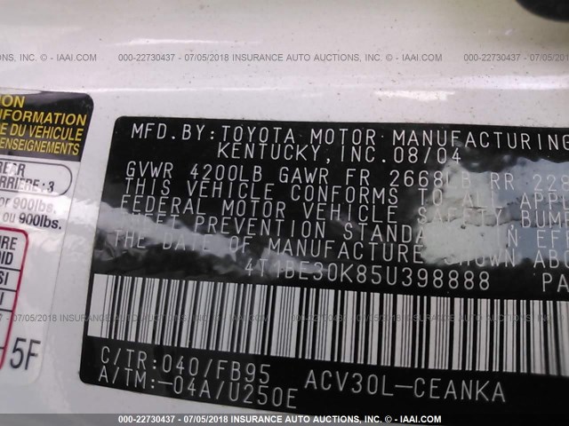 4T1BE30K85U398888 - 2005 TOYOTA CAMRY LE/XLE/SE 白色 照片 9