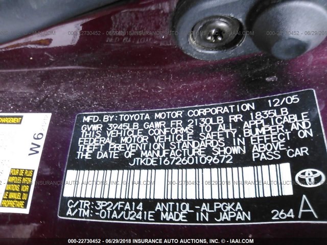 JTKDE167260109672 - 2006 TOYOTA SCION TC 紫色 照片 9