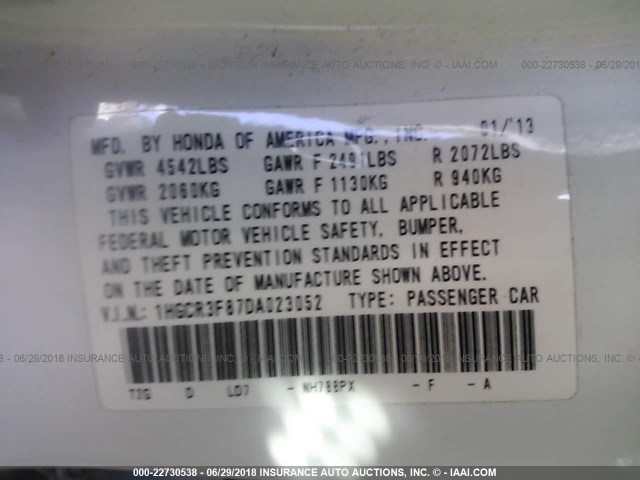 1HGCR3F87DA023052 - 2013 HONDA ACCORD EXL Ağ foto 9