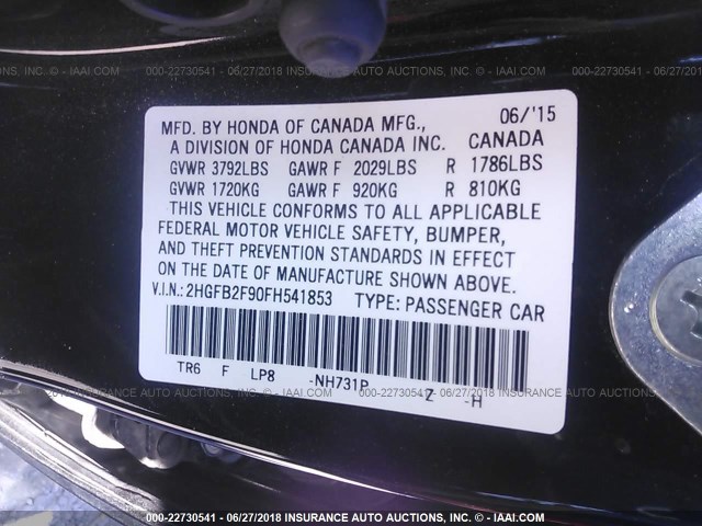 2HGFB2F90FH541853 - 2015 HONDA CIVIC EXL 黑色 照片 9