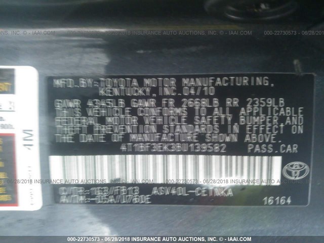 4T1BF3EK3BU139582 - 2011 TOYOTA CAMRY SE/LE/XLE 灰色 照片 9