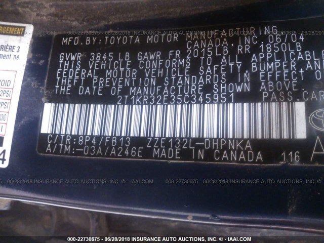 2T1KR32E35C345951 - 2005 TOYOTA COROLLA MATRIX XR BLUE photo 9