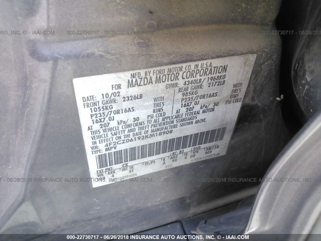 4F2CZ06193KM18908 - 2003 MAZDA TRIBUTE ES GRAY photo 9