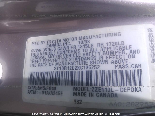 2T1BR12E2XC135252 - 1999 TOYOTA COROLLA VE/CE/LE 香槟色 照片 9