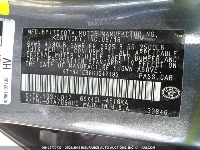 4T1BK1EB8GU242195 - 2016 TOYOTA AVALON XLE PLUS/PREMIUM/TOUR/LTD Pewter photo 9