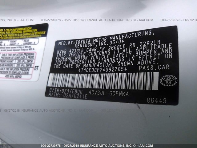 4T1CE38P74U927654 - 2004 TOYOTA CAMRY SOLARA SE/SLE თეთრი ფოტო 9