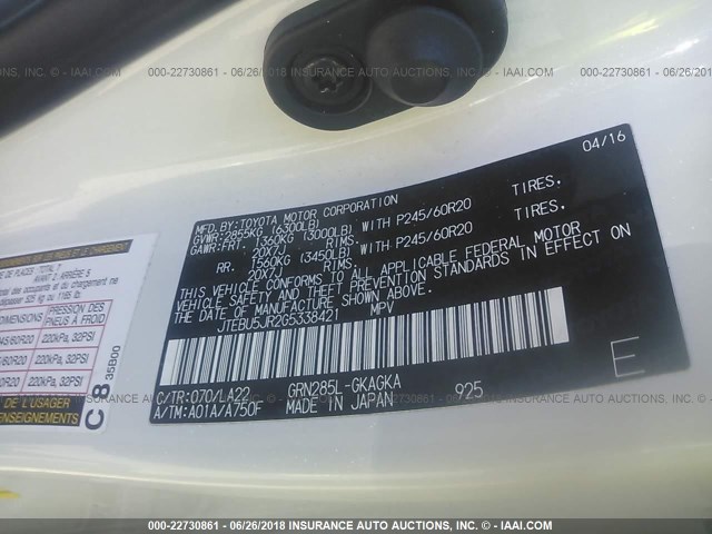 JTEBU5JR2G5338421 - 2016 TOYOTA 4RUNNER SR5 PREM/LTDL/TRAIL/TRD Biały zdjęcie 9