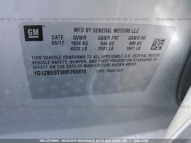 1G1ZB5ST9HF266818 - 2017 CHEVROLET MALIBU LS ვერცხლისფერი ფოტო 9