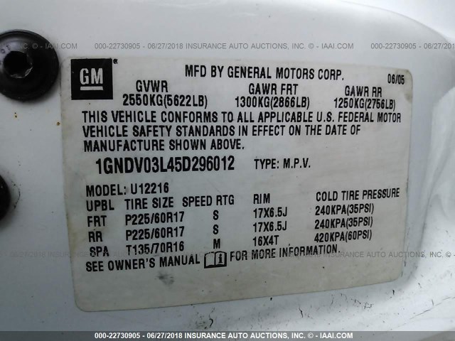 1GNDV03L45D296012 - 2005 CHEVROLET UPLANDER WHITE photo 9