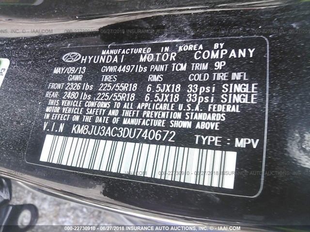 KM8JU3AC3DU740672 - 2013 HYUNDAI TUCSON GLS/LIMITED 黑色 照片 9