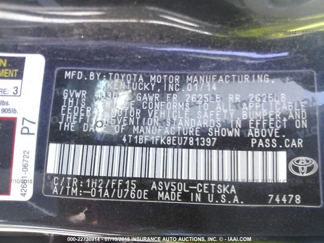 4T1BF1FK8EU781397 - 2014 TOYOTA CAMRY L/SE/LE/XLE 蓝色 照片 9