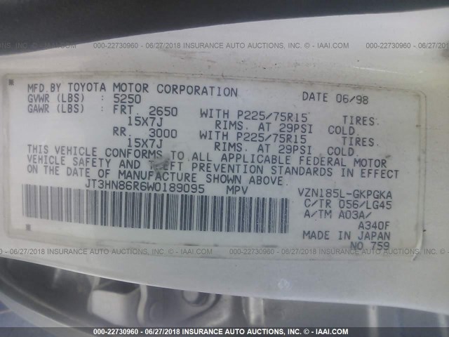 JT3HN86R6W0189095 - 1998 TOYOTA 4RUNNER SR5 WHITE photo 9