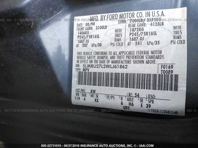 5LMRU27L2WLJ61862 - 1998 LINCOLN NAVIGATOR Bleu photo 9