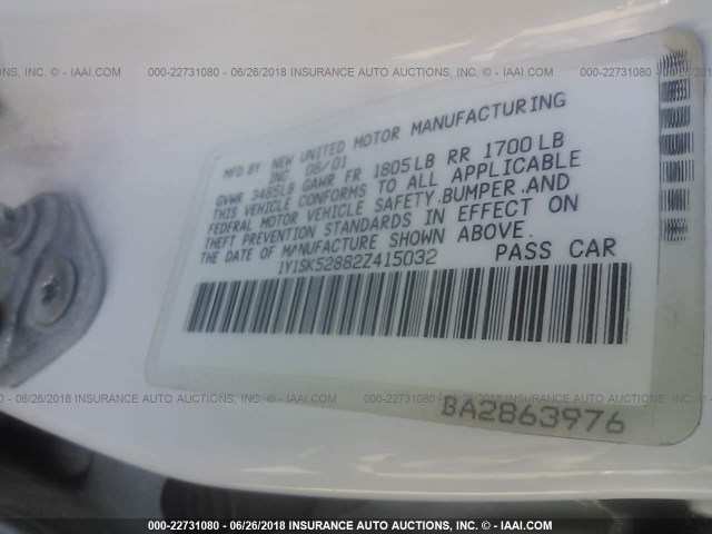 1Y1SK52882Z415032 - 2002 CHEVROLET GEO PRIZM LSI WHITE photo 9