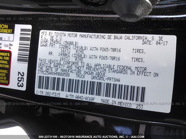 3TMCZ5ANXHM088588 - 2017 TOYOTA TACOMA DBL CAB/SR/TRDSPT/OR/PRO Qara foto 9