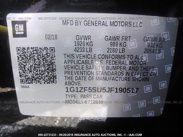 1G1ZF5SU5JF190517 - 2018 CHEVROLET MALIBU HYBRID BLACK photo 9