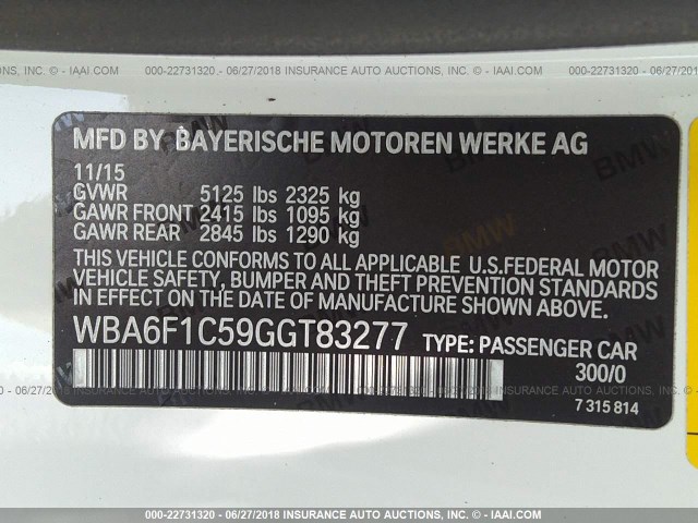 WBA6F1C59GGT83277 - 2016 BMW 640 I WHITE photo 9