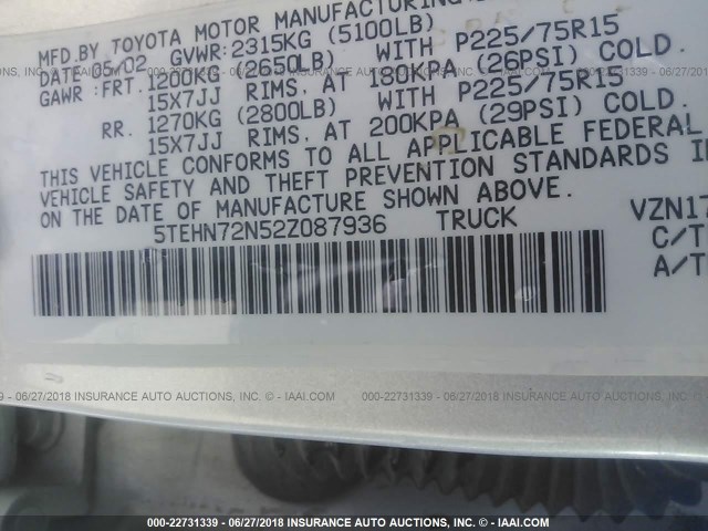 5TEHN72N52Z087936 - 2002 TOYOTA TACOMA DOUBLE CAB ვერცხლისფერი ფოტო 9