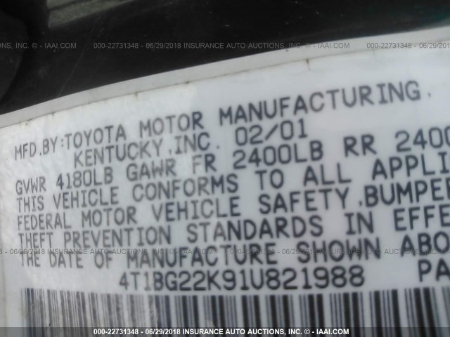 4T1BG22K91U821988 - 2001 TOYOTA CAMRY CE/LE/XLE GREEN photo 9