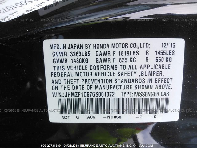 JHMZF1D67GS001072 - 2016 HONDA CR-Z EX BLACK photo 9