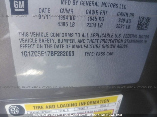 1G1ZC5E17BF282000 - 2011 CHEVROLET MALIBU 1LT 棕色 照片 9