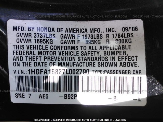 1HGFA16827L002790 - 2007 HONDA CIVIC EX BLACK photo 9