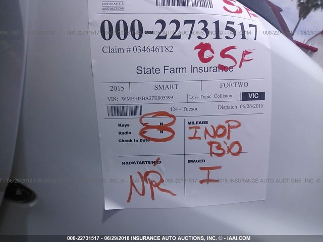 WMEEJ3BA3FK805399 - 2015 SMART FORTWO PURE/PASSION WHITE photo 7