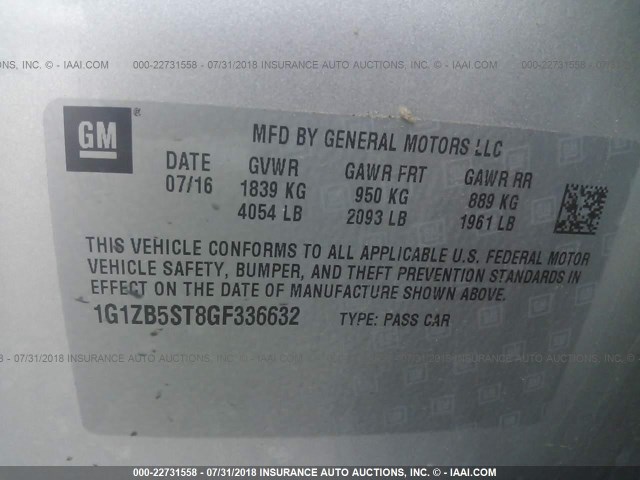 1G1ZB5ST8GF336632 - 2016 CHEVROLET MALIBU LS ვერცხლისფერი ფოტო 9