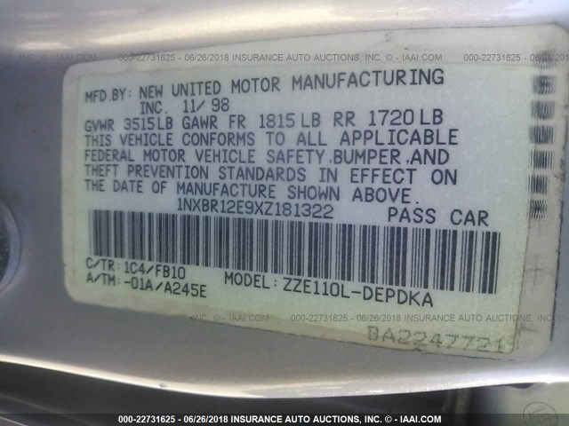 1NXBR12E9XZ181322 - 1999 TOYOTA COROLLA VE/CE/LE 银色 照片 9