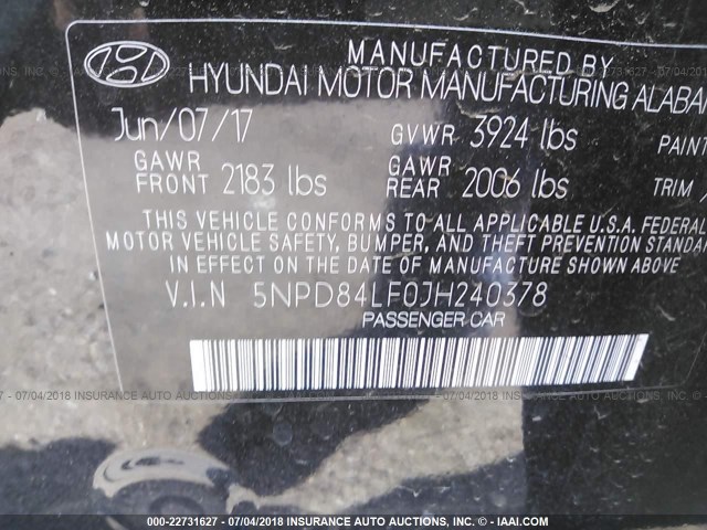 5NPD84LF0JH240378 - 2018 HYUNDAI ELANTRA SEL/VALUE/LIMITED BLACK photo 9