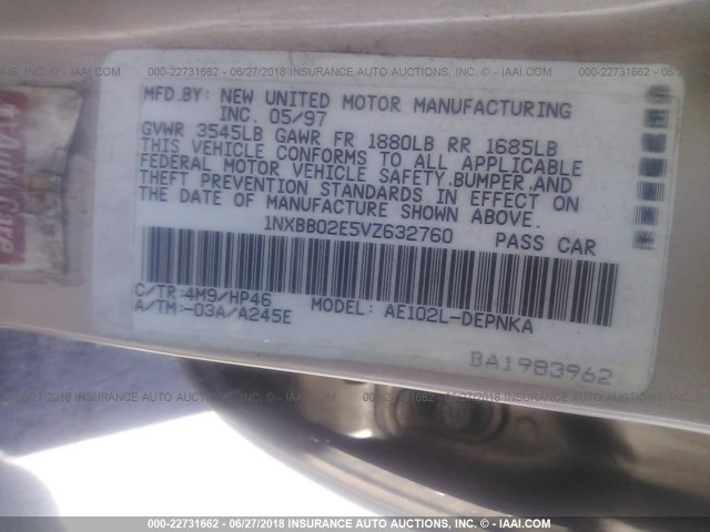 1NXBB02E5VZ632760 - 1997 TOYOTA COROLLA DX GOLD photo 9