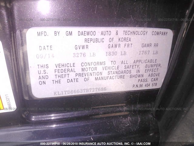 KL1TD66637B727686 - 2007 CHEVROLET AVEO LS BLACK photo 9