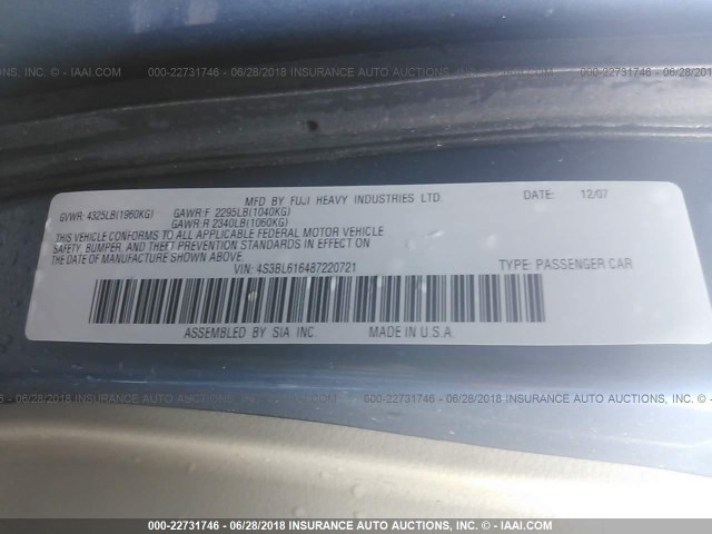 4S3BL616487220721 - 2008 SUBARU LEGACY 2.5I BLUE photo 9