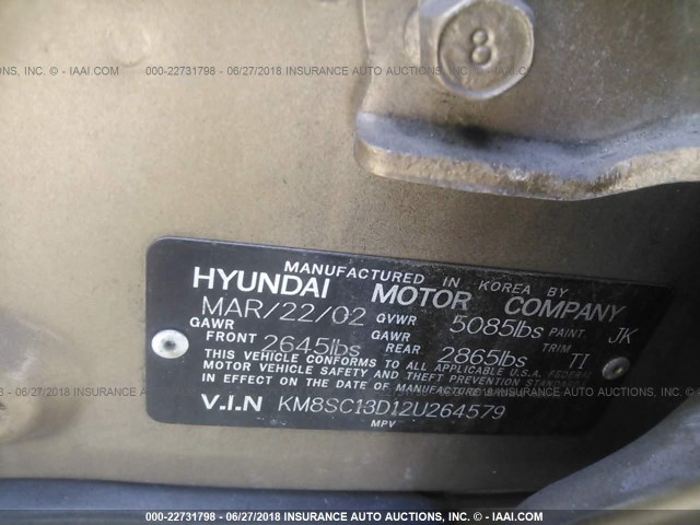 KM8SC13D12U264579 - 2002 HYUNDAI SANTA FE GLS/LX GOLD photo 9