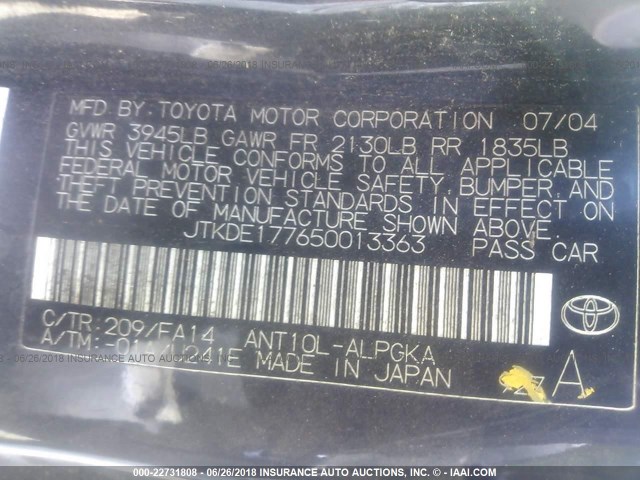 JTKDE177650013363 - 2005 TOYOTA SCION TC 黑色 照片 9