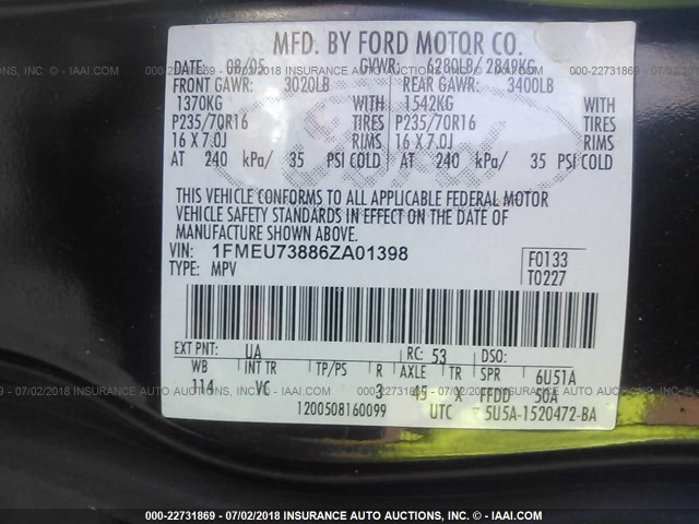 1FMEU73886ZA01398 - 2006 FORD EXPLORER XLT BLACK photo 9