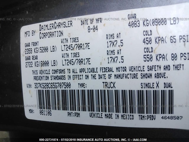 3D7KS28C65G707500 - 2005 DODGE RAM 2500 ST/SLT 灰色 照片 9