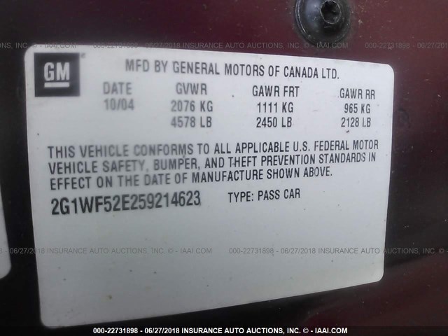 2G1WF52E259214623 - 2005 CHEVROLET IMPALA 勃艮第红 照片 9