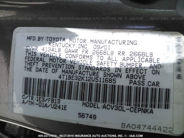 4T1BE32K12U511685 - 2002 TOYOTA CAMRY LE/XLE/SE თაფლისფერი ფოტო 9