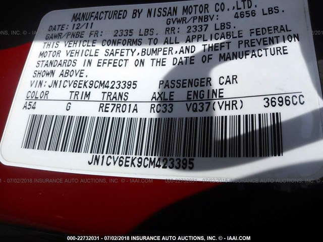 JN1CV6EK9CM423395 - 2012 INFINITI G37 SPORT RED photo 9