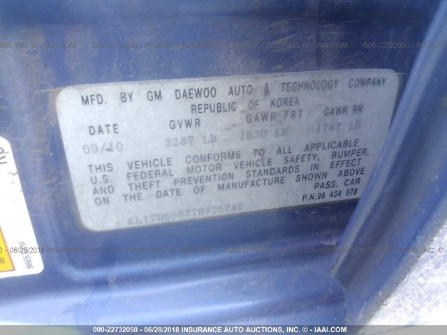 KL1TD66677B725746 - 2007 CHEVROLET AVEO LS BLUE photo 9