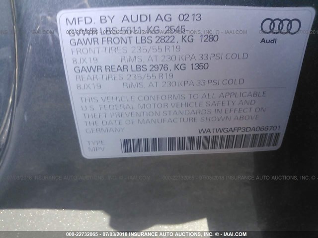 WA1WGAFP3DA066701 - 2013 AUDI Q5 PRESTIGE GRAY photo 9