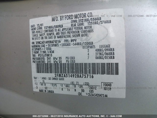 2FMZA51492BA75716 - 2002 FORD WINDSTAR LX SILVER photo 9