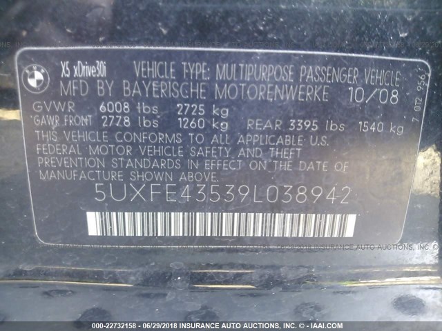 5UXFE43539L038942 - 2009 BMW X5 XDRIVE30I BLACK photo 9