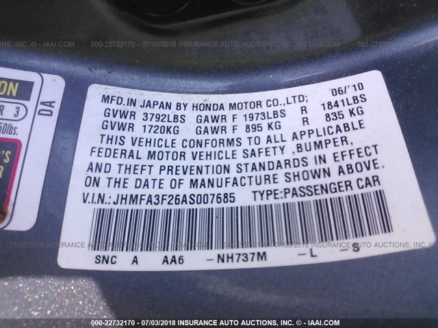 JHMFA3F26AS007685 - 2010 HONDA CIVIC HYBRID GRAY photo 9