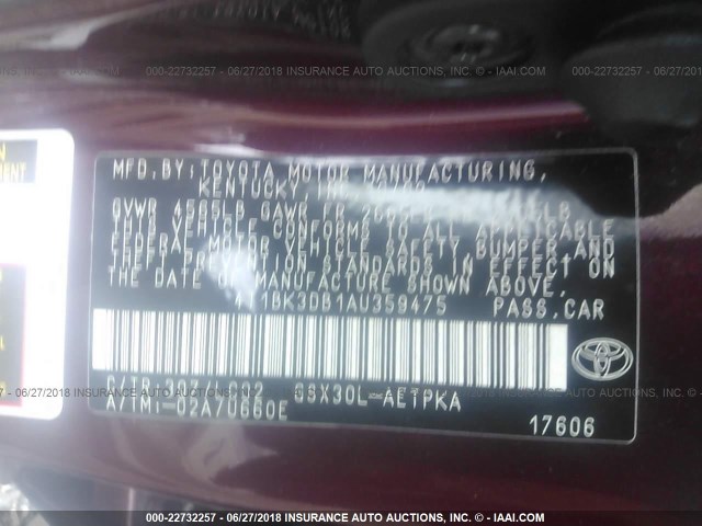 4T1BK3DB1AU359475 - 2010 TOYOTA AVALON XL/XLS/LIMITED MAROON photo 9